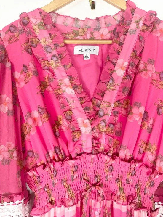 Whimsical Faeriesty Pink Floral Boho Style Maxi Dress with Lace Trim Size M - Picture 4 of 9